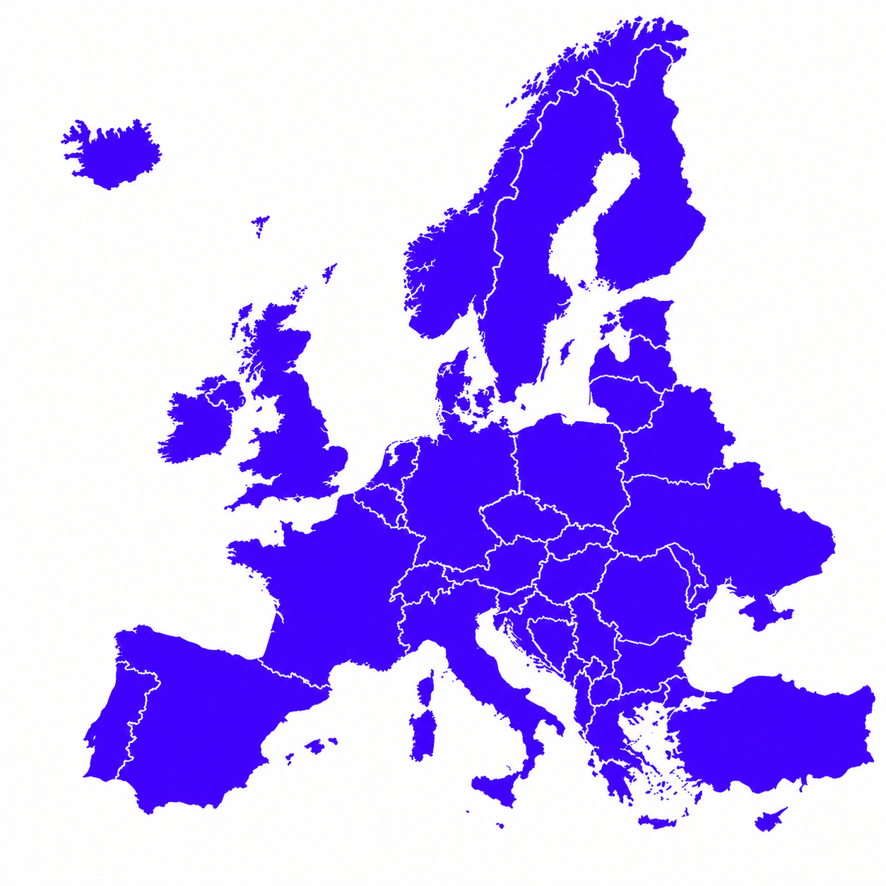 Map of Europe in purple with white country borders